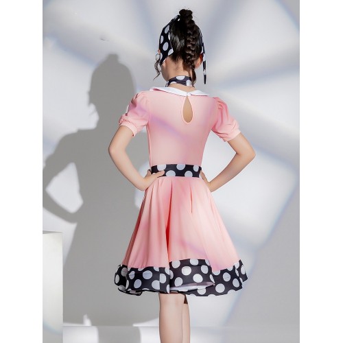 Girls kids light pink polka dot ballroom latin dance dresses for children ballroom salsa rumba flamenco dance costumes for girls